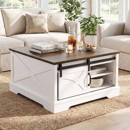 Ihomeadore - 31.5 Inch Modern Farmhouse Square Flip Top Coffee Table with Hidden Storage Box and Sliding Barn Door - White