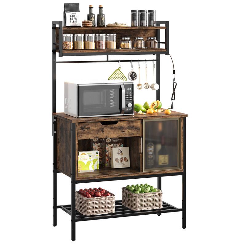 Bestier - 60" Kitchen Baker's Rack with LED Lights - 6-Tier Microwave Stand with Storage Drawer & 8 Hooks for Kitchen Pantry - Rustic Brown