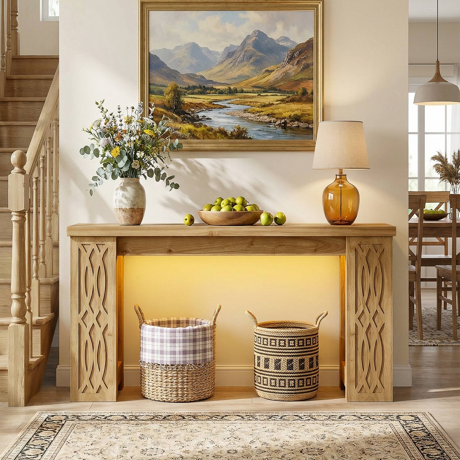 Left. Aheaplus - 47'' Console Table, Farmhouse Console Table with Charging Station and RGB LED Lights - Nature.