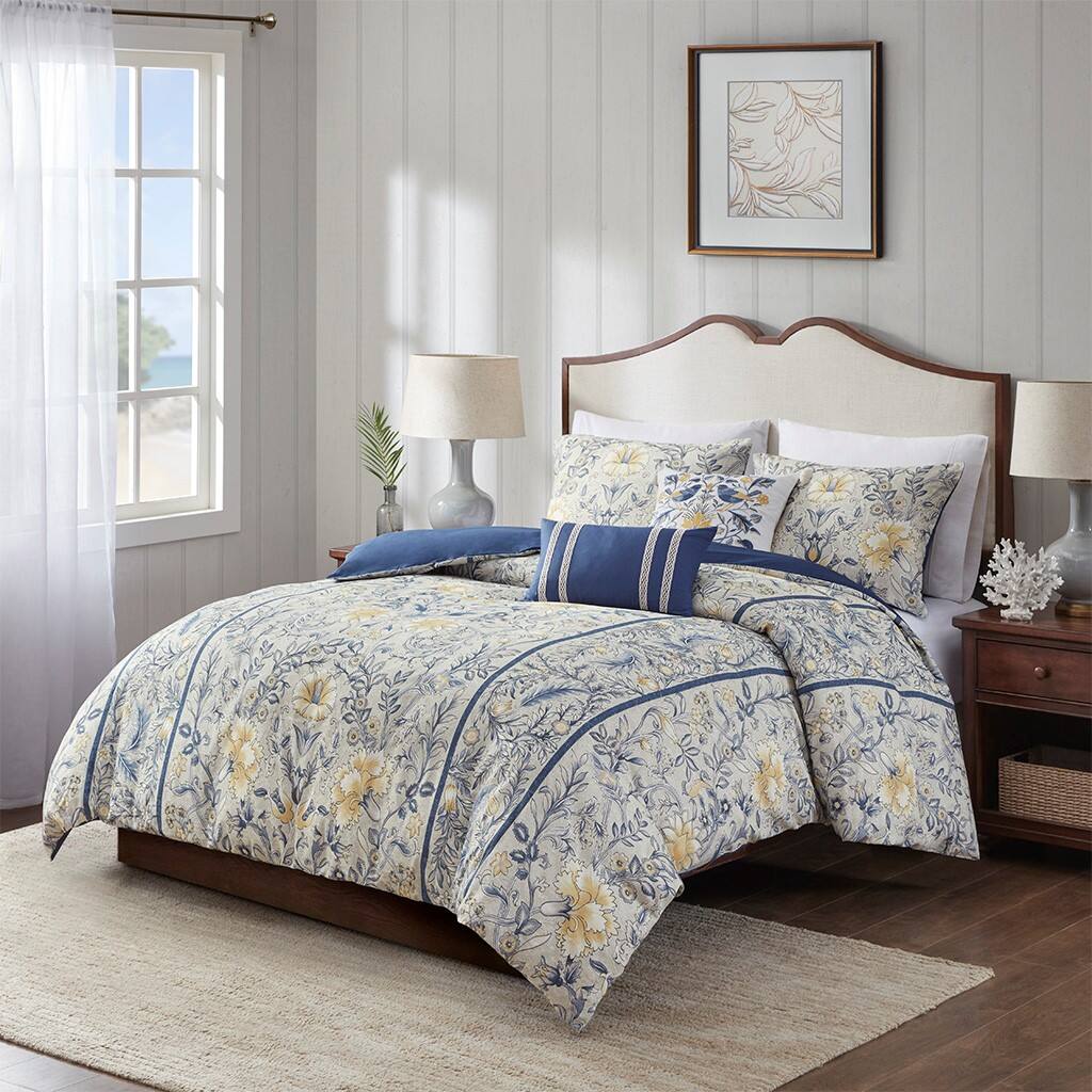 Alt View 1. Gracie Mills - Gracie Mills Marlon 5-Piece Cotton Botanical Duvet Cover Set - Blue/Yellow.