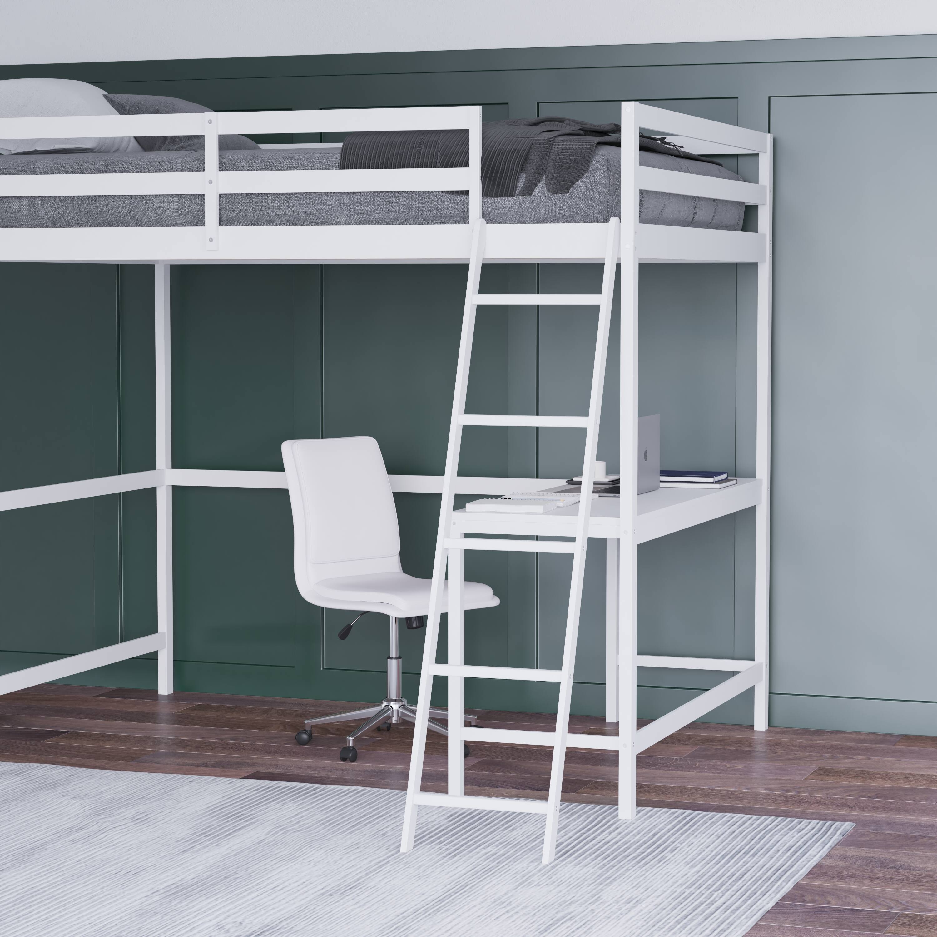 Alt View 4. Emma + Oliver - Wooden Loft Bed Frame with Integrated Desk and Ladder - White.