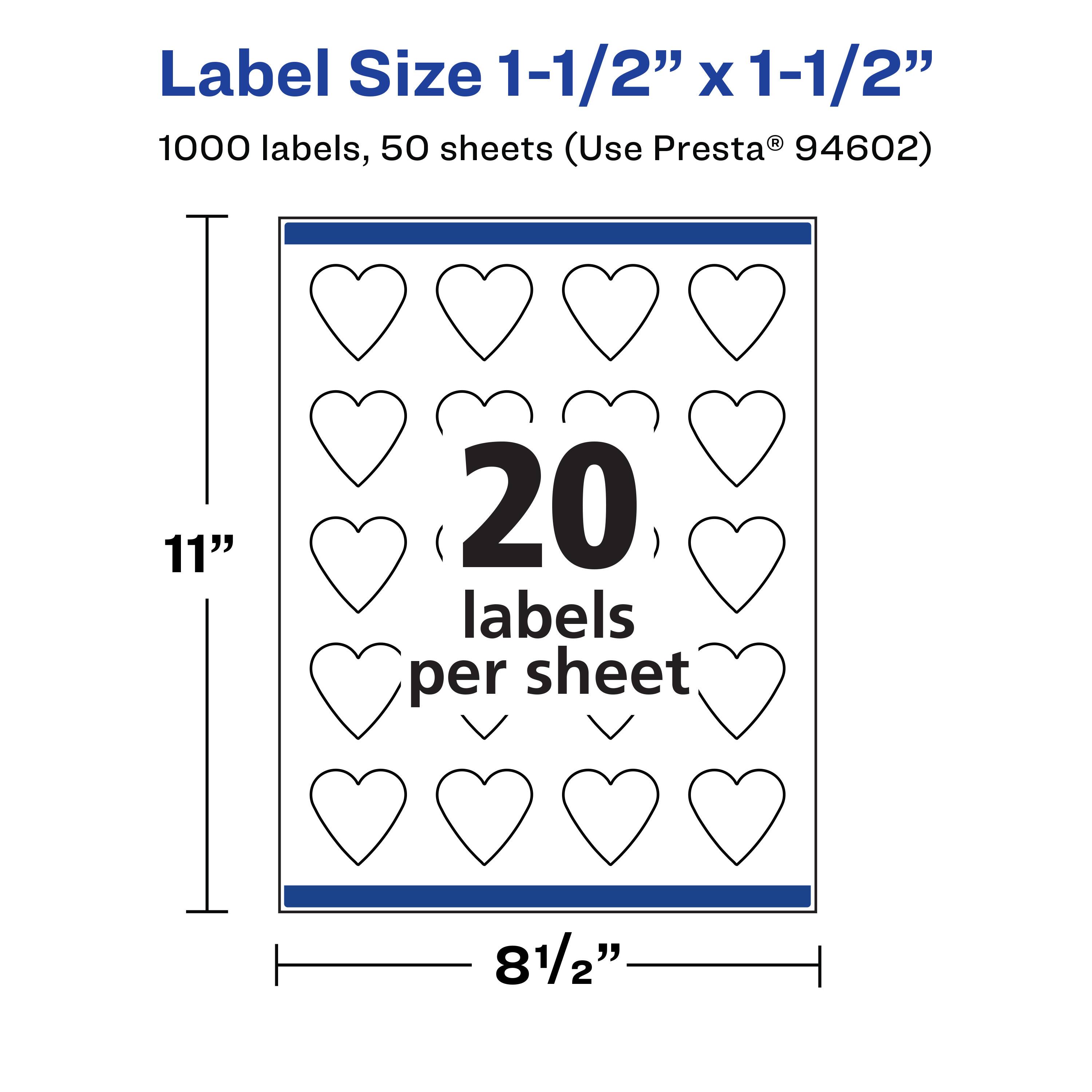 Label Size 1-1/2" x 1-1/2"  
1000 labels, 50 sheets (Use Presta® 94602)  
11"  
20 labels per sheet  
8 1/2"