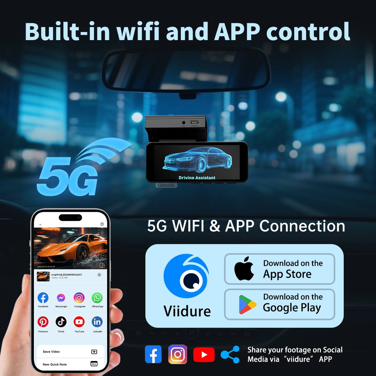 Built-in wifi and APP control

5G WIFI & APP Connection

Download on the App Store

Download on the Google Play

Share your footage on Social Media via "viidure" APP