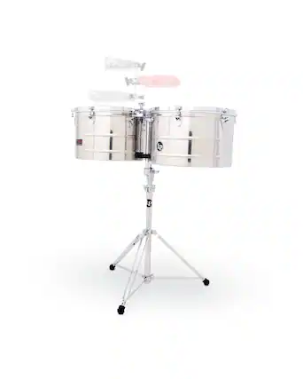 Front. Latin Percussion - LP1516-S Prestige Thunder Timbales 15" & 16" Set with Stand, Timbale Sticks and Cowbell Bracket.