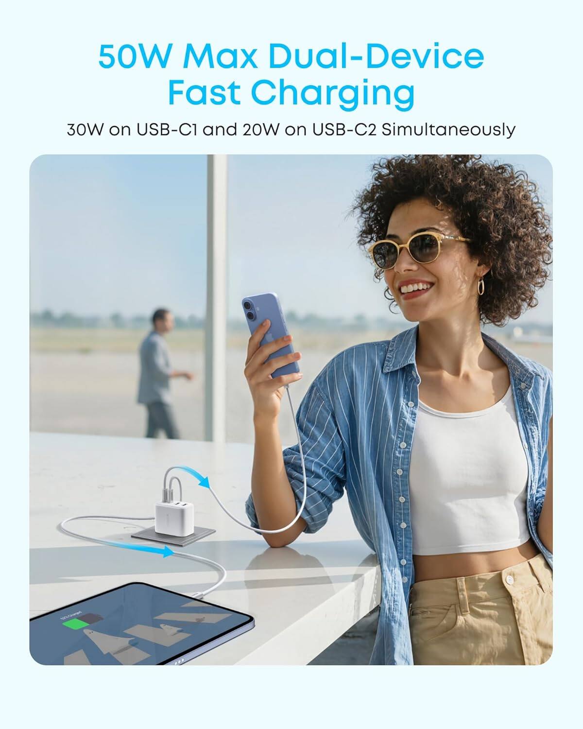 50W Max Dual-Device Fast Charging  
30W on USB-C1 and 20W on USB-C2 Simultaneously