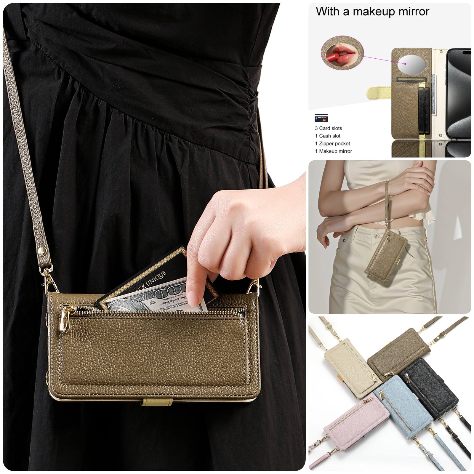 With a makeup mirror

- 3 Card slots
- 1 Cash slot
- 1 Zipper pocket
- 1 Makeup mirror

UNIQUE