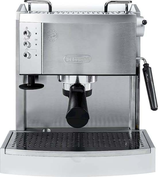 de longhi espresso machine with 15 bars of pressure milk frother and removable water tank stainless steel