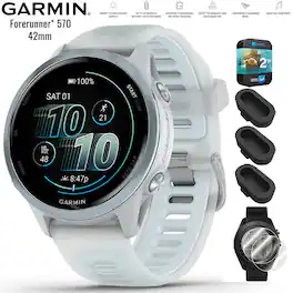 Garmin - Forerunner 570 - 42mm GPS Smartwatch Blue Band + 2 Year Warranty Bundle - Cloud Blue Aluminum - (2025)