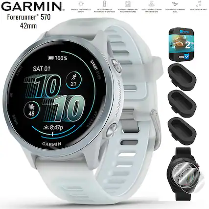 GARMIN
Forerunner 570
42mm
- BRIGHT 1.2-INCH AMOLED DISPLAY
- UP TO 18 HOURS OF BATTERY LIFE
- UP TO 18 HOURS OF GPS MODE
- ADVANCED TRAINING AND RECOVERY FEATURES
- SATELLITE TECHNOLOGY AND MULTI-BAND GPS
- LIGHTWEIGHT ALUMINUM BEZEL
- MUSIC ON YOUR WRIST
100%
SAT 01
10:10
21
V02 48
8:47p
GARMIN
START-STOP
BACK LAP
12
11
10
9
8
7
6
5
4
3
2
1
12
11
10
9
8
7
6
5
4
3
2
1
2 YR WARRANTY