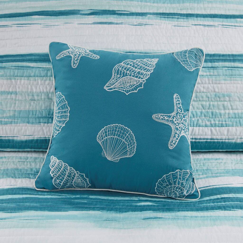 Alt View 1. Gracie Mills - Gracie Mills Javier Coastal Watercolor 6-Piece Reversible Quilt Set with Seashell Throw Pillows - Aqua.