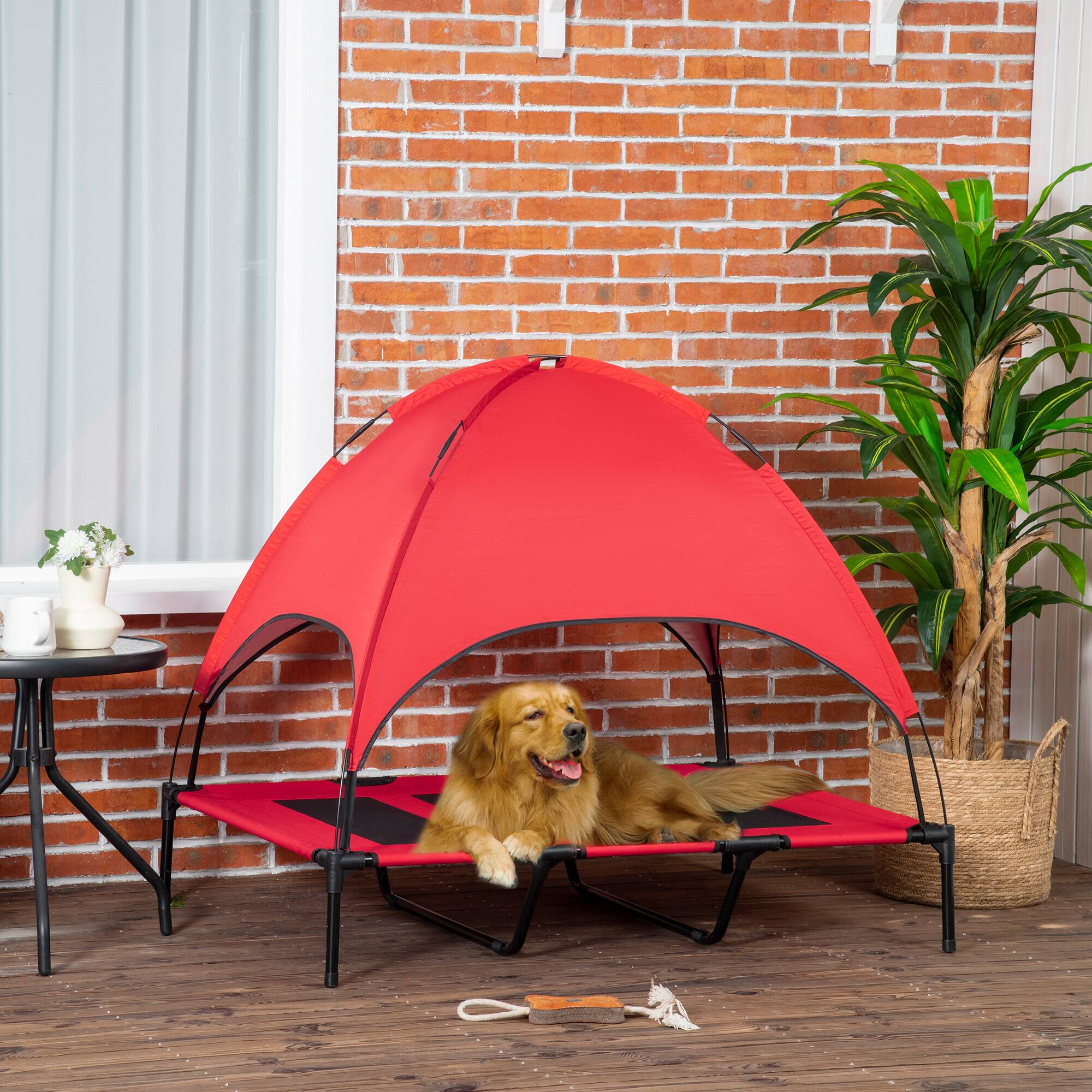 Alt View 1. Pawhut - 48" x 36" Elevated Portable Dog Cot Cooling Pet Bed with UV Protection Canopy Shade - Red.