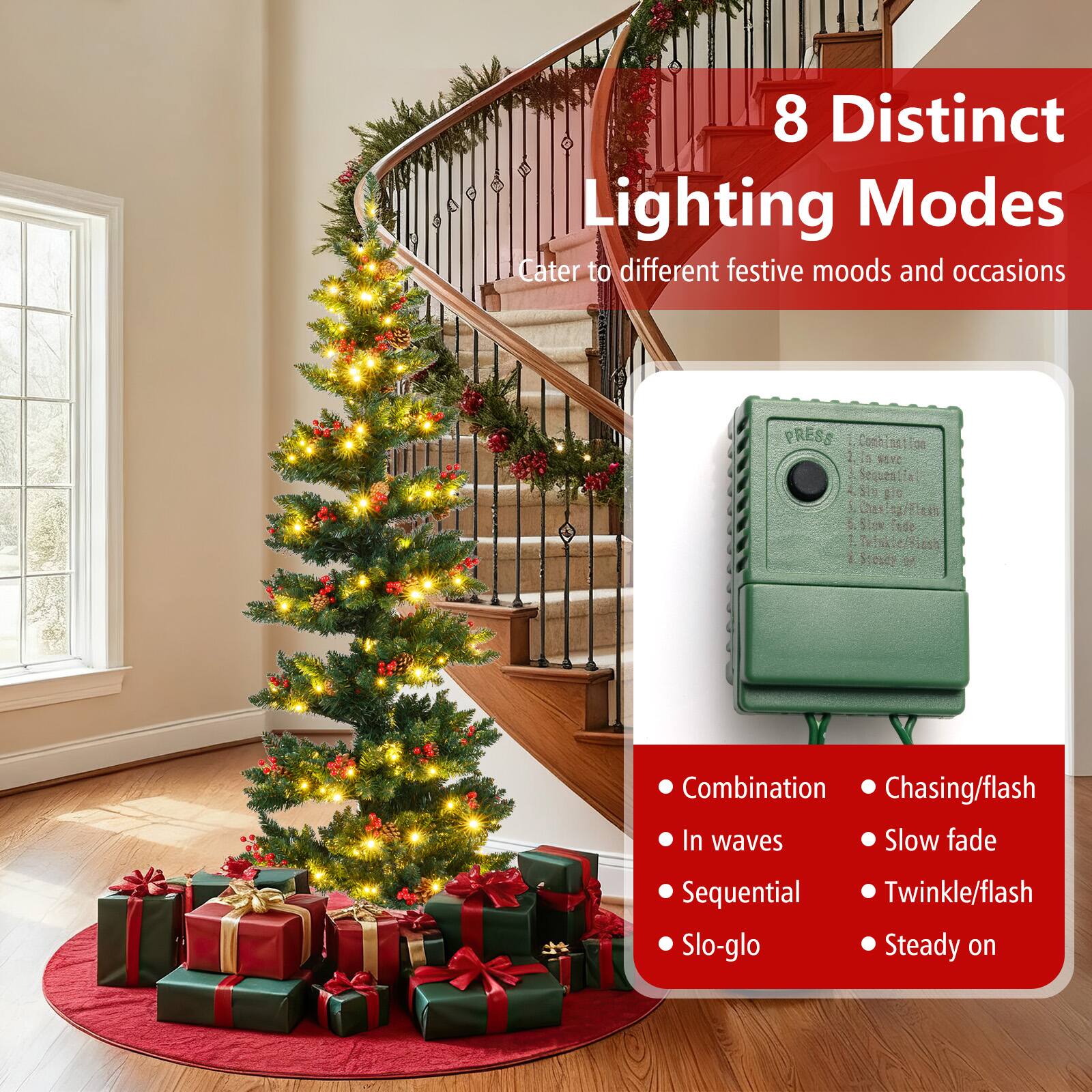 8 Distinct Lighting Modes  
Cater to different festive moods and occasions  

- Combination  
- In waves  
- Sequential  
- Slo-glo  
- Chasing/flash  
- Slow fade  
- Twinkle/flash  
- Steady on
