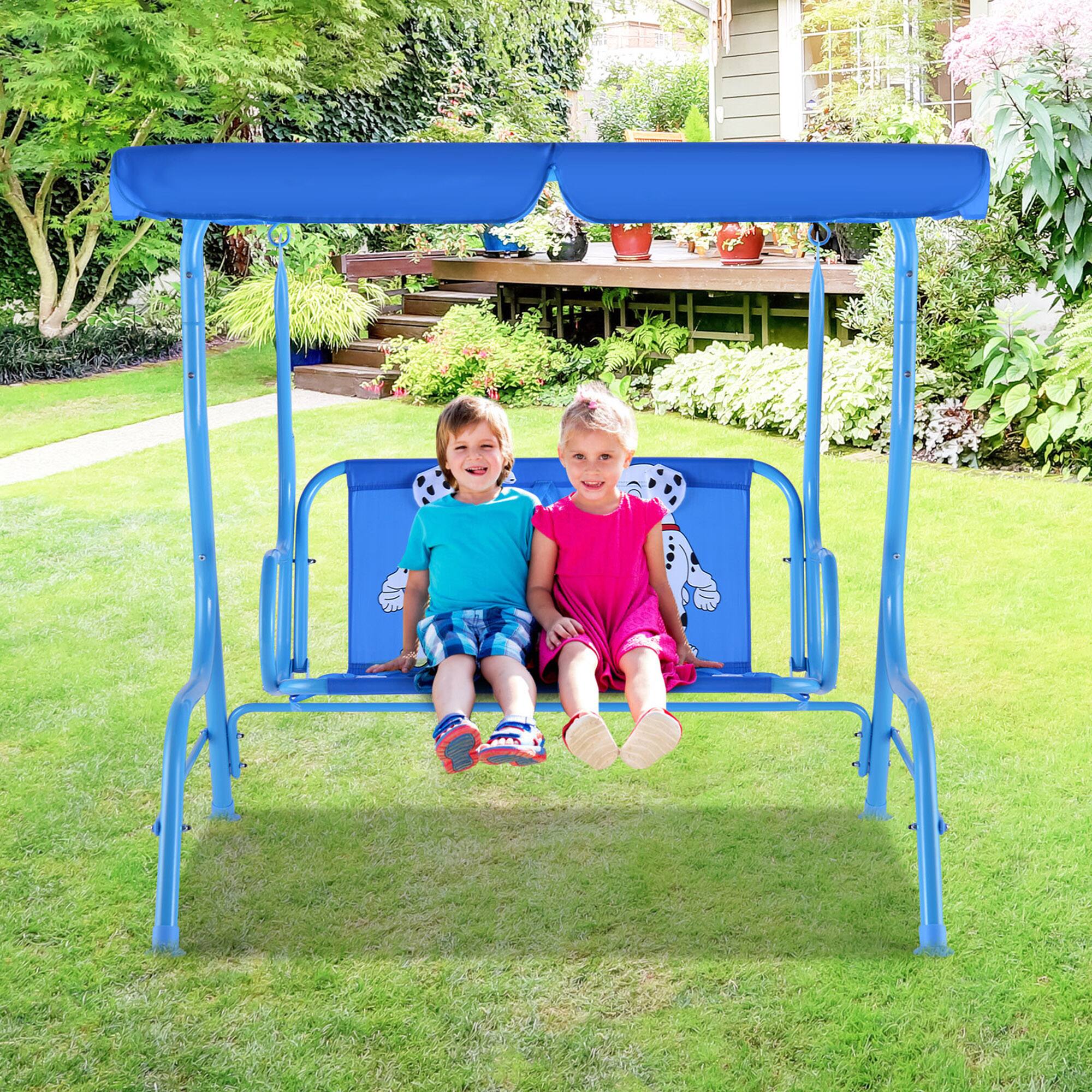 Alt View 2. Gymax - Gymax Kids Patio Porch Bench Swing w/ Safety Belt Canopy Outdoor Furniture Blue - Blue.