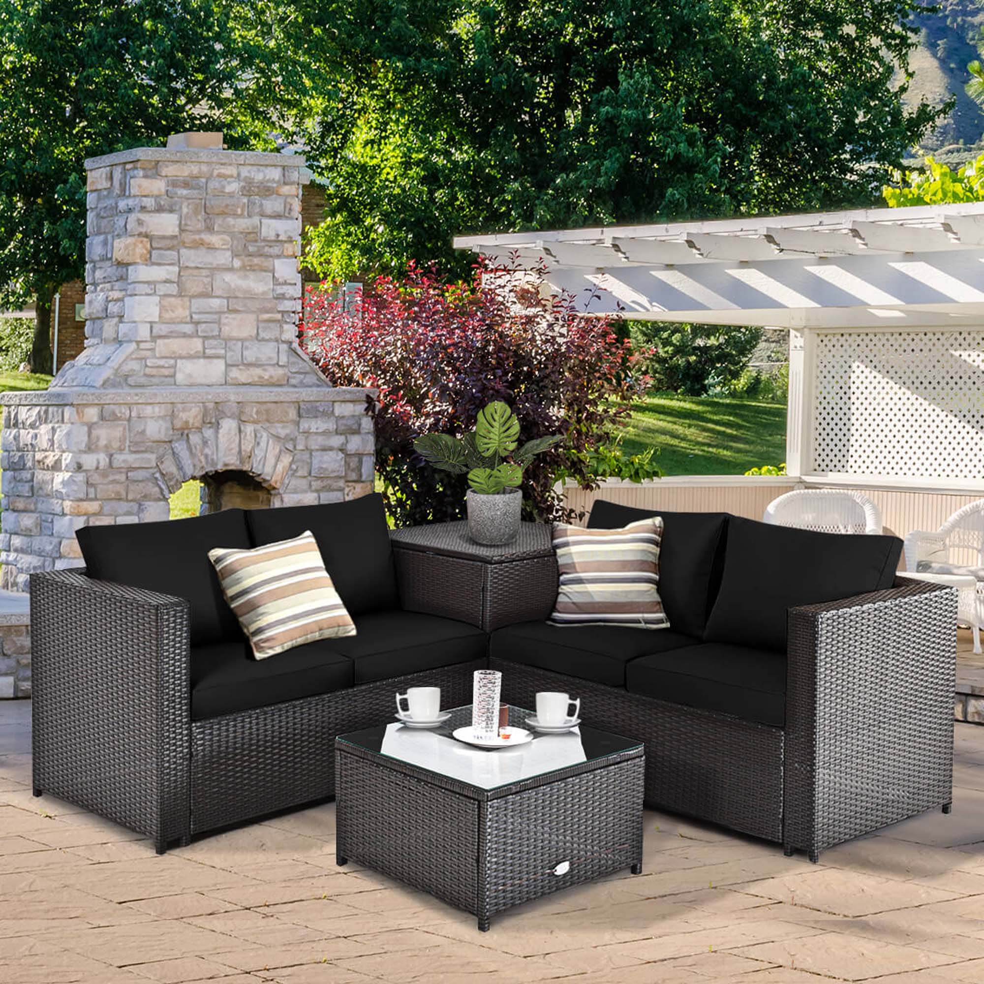 Alt View 1. Costway - 4 PCS Outdoor Patio Rattan Furniture Set Cushioned Loveseat Storage Table - Black.