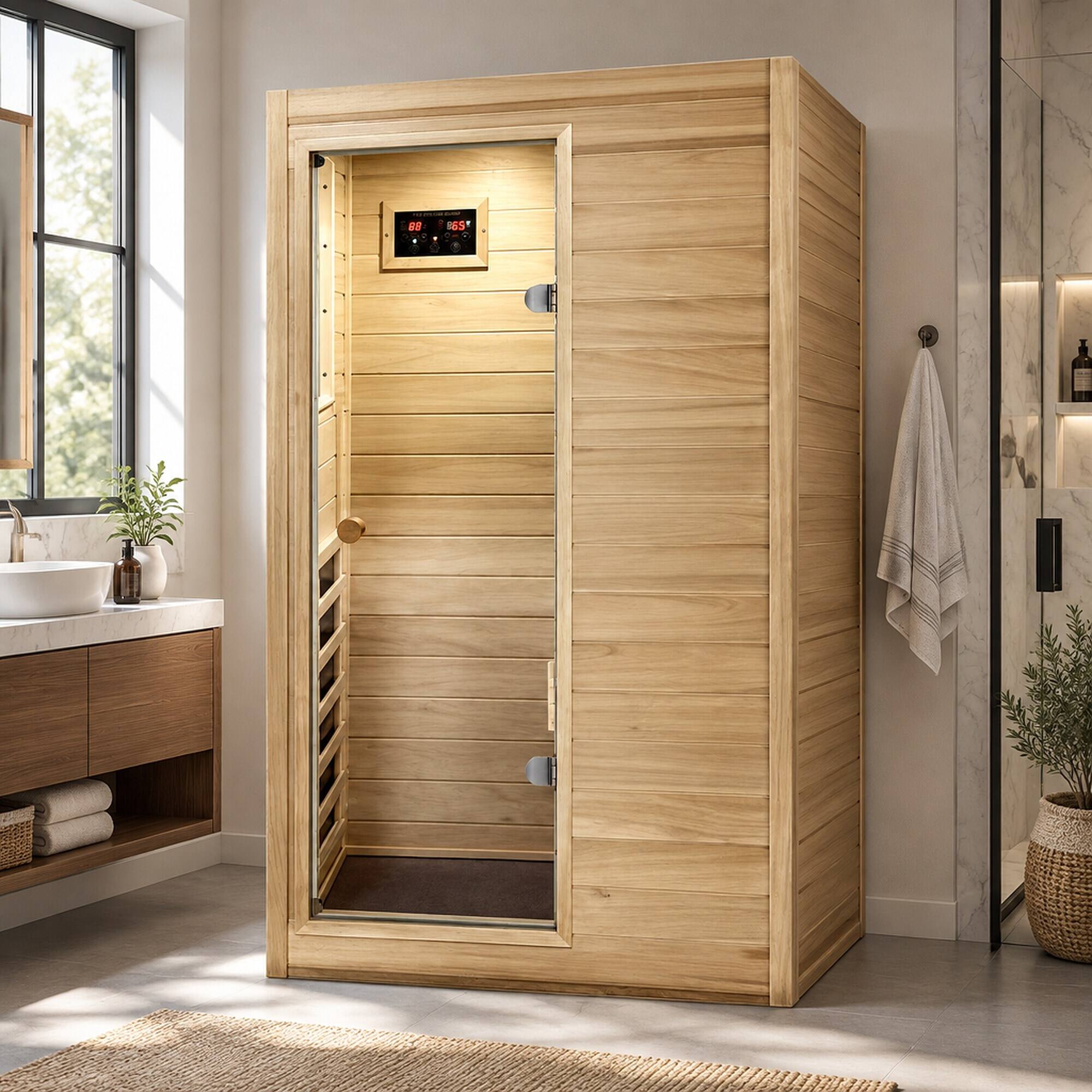 Back. RYHNUYNE - Far Infrared Sauna Room, European Aspen Wood, 5 Heating Panels, 905W, Digital Display, Bluetooth Speaker, Home Spa - Natural Wood.