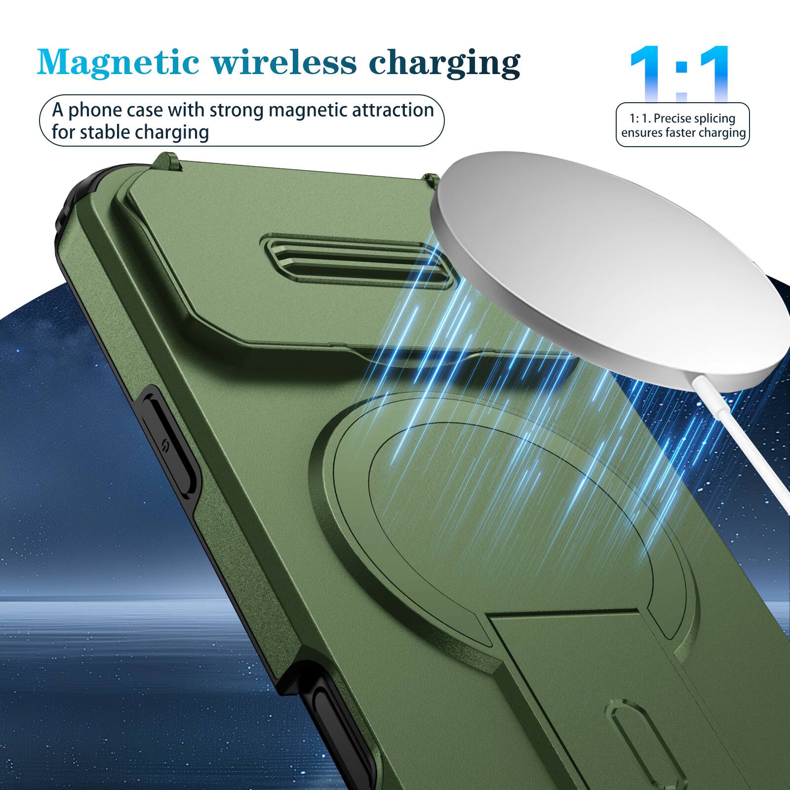 Magnetic wireless charging

A phone case with strong magnetic attraction for stable charging

1:1

1:1. Precise splicing ensures faster charging