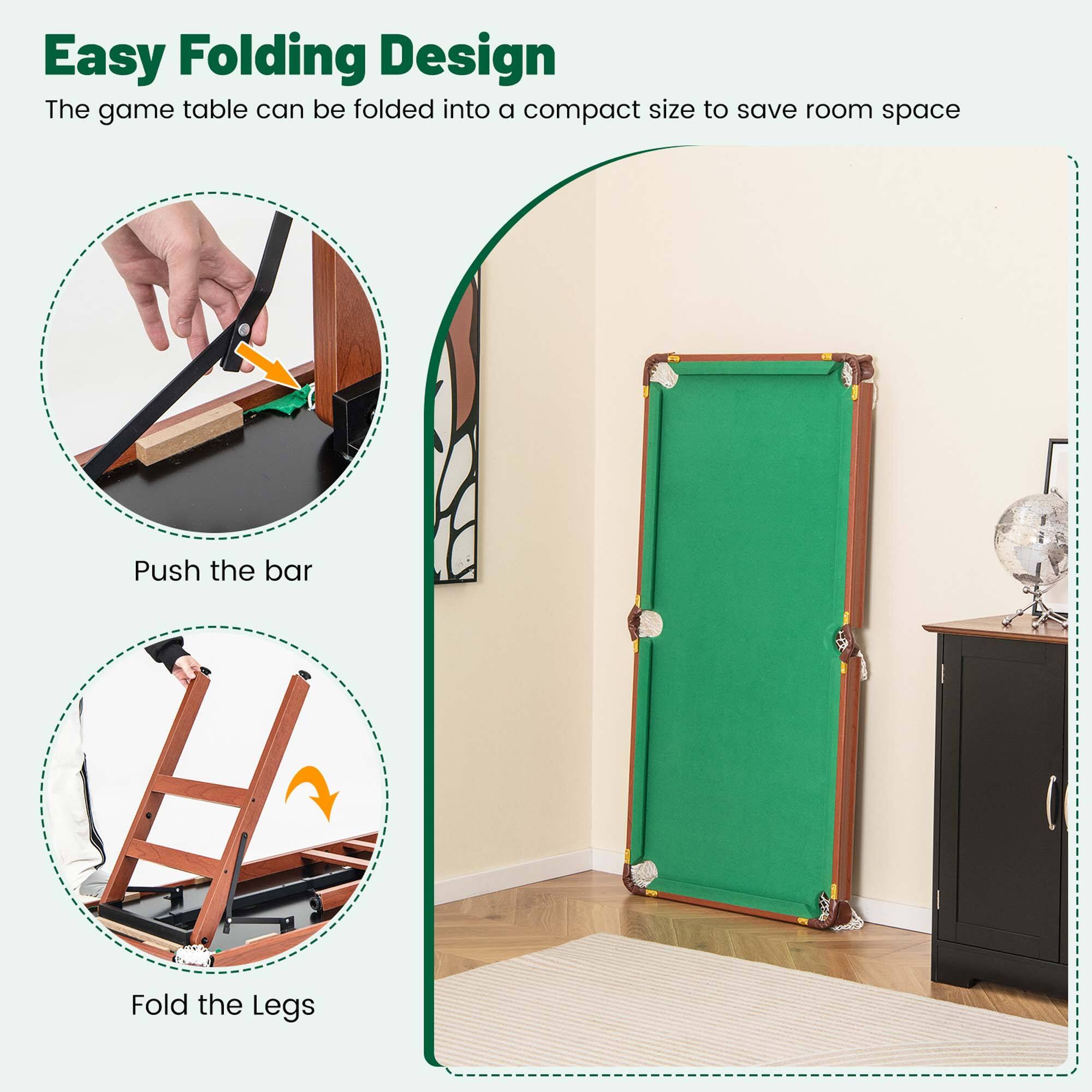 Easy Folding Design: The game table can be folded into a compact size to save room space. 1. Push the bar and fold the legs.
