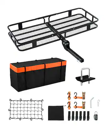 Front. VEVOR - 60" x 24" x 6", Hitch Cargo Carrier,500 lbs Capacity Hitch Cargo Carrier with Cargo Net with Hook & Waterproof Cargo Bag - Black.
