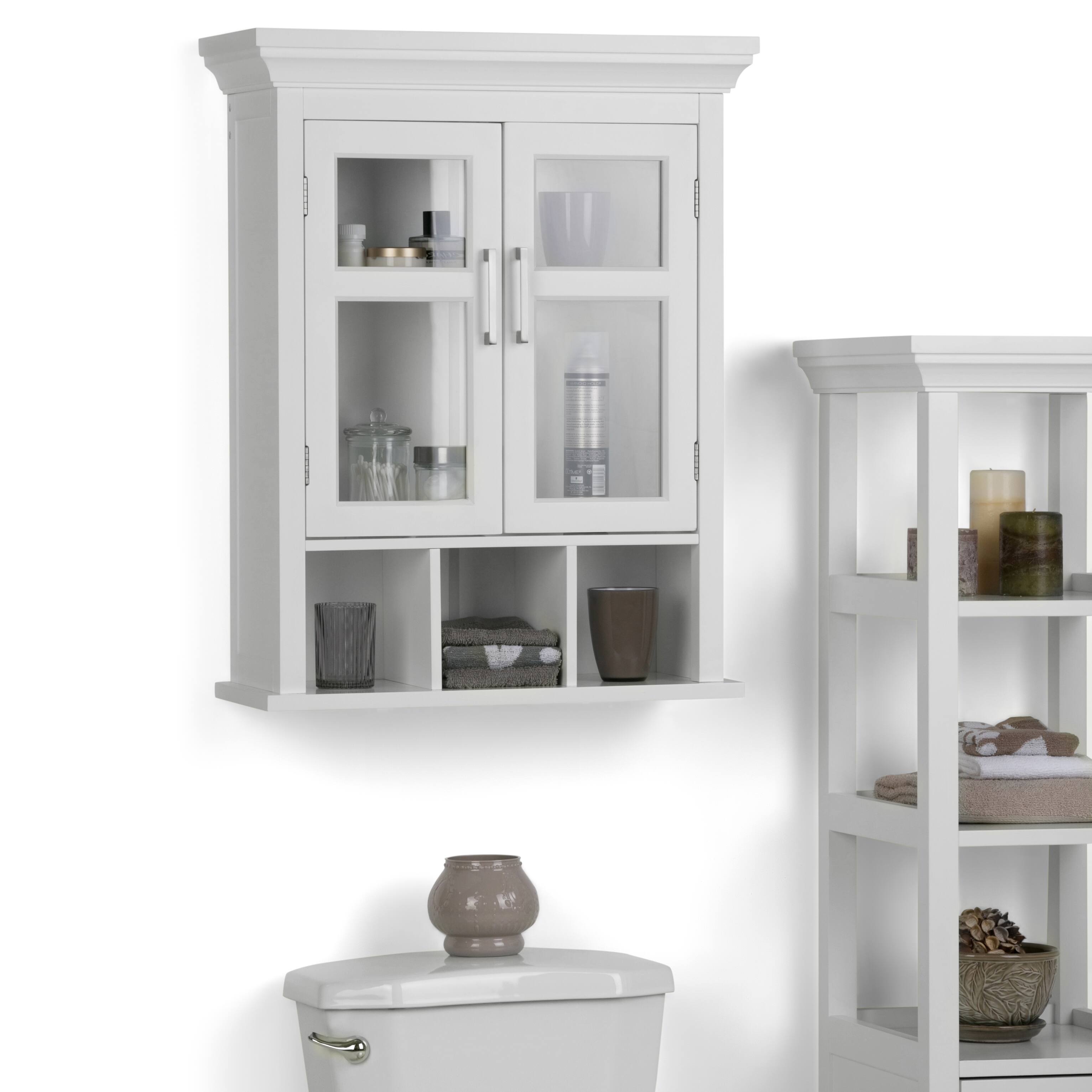 Angle. Simpli Home - Avington 30 inch H x 23.6 inch W Two Door Wall Bath Cabinet with Cubbies in Pure White - Pure White.