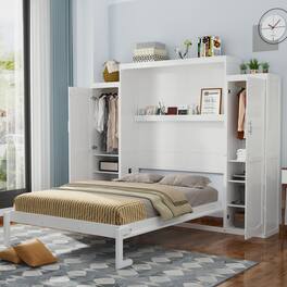 Tiramisubest - Full Size White Murphy Bed with 2 Wardrobes, Shelf, Ideal for Guest/Bedroom - White