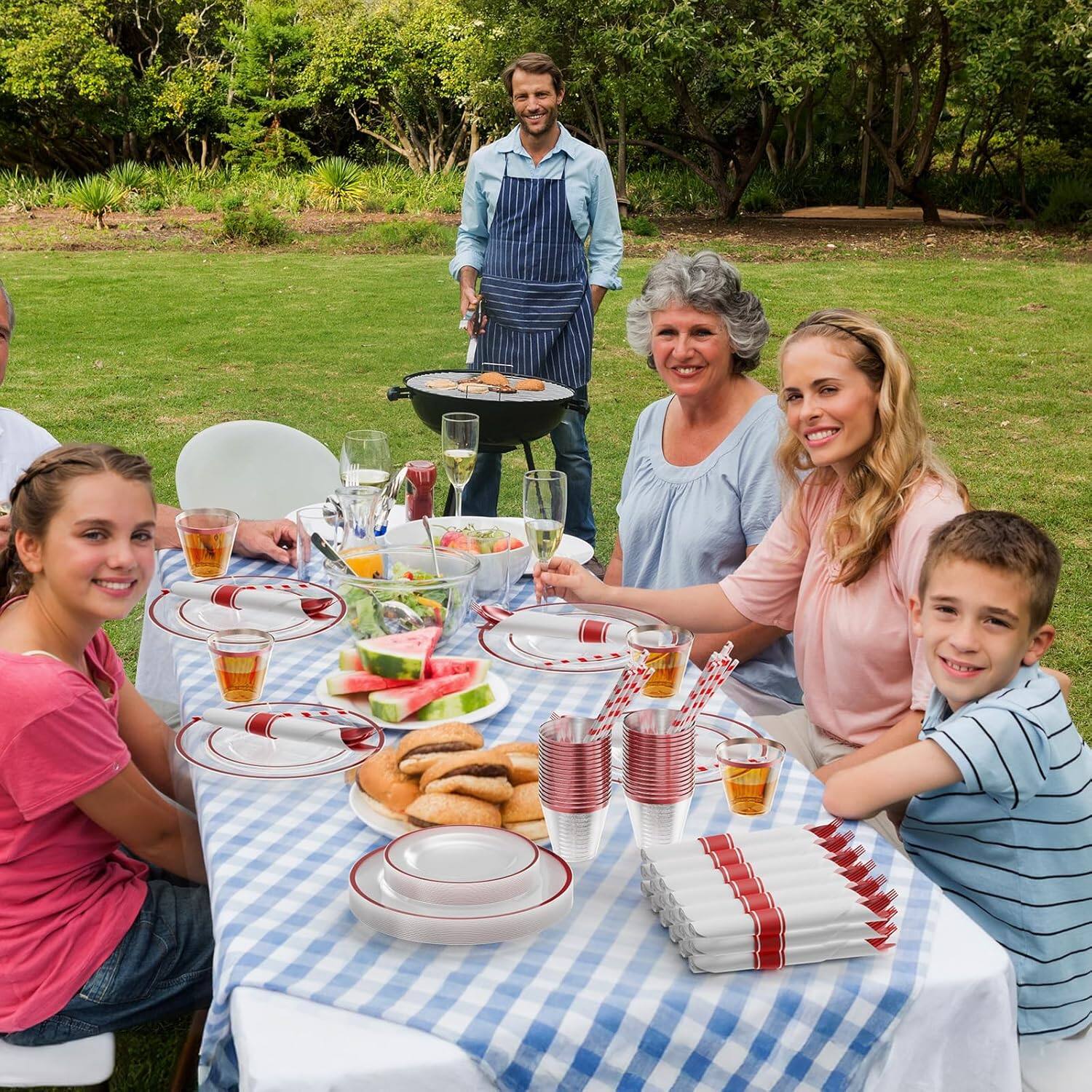 Back. Winado - 400 Piece Disposable Dinnerware Set with Plates, Cups, Napkins & Cutlery for 50 Guests, Clear Plastic Plates for Party - Red.