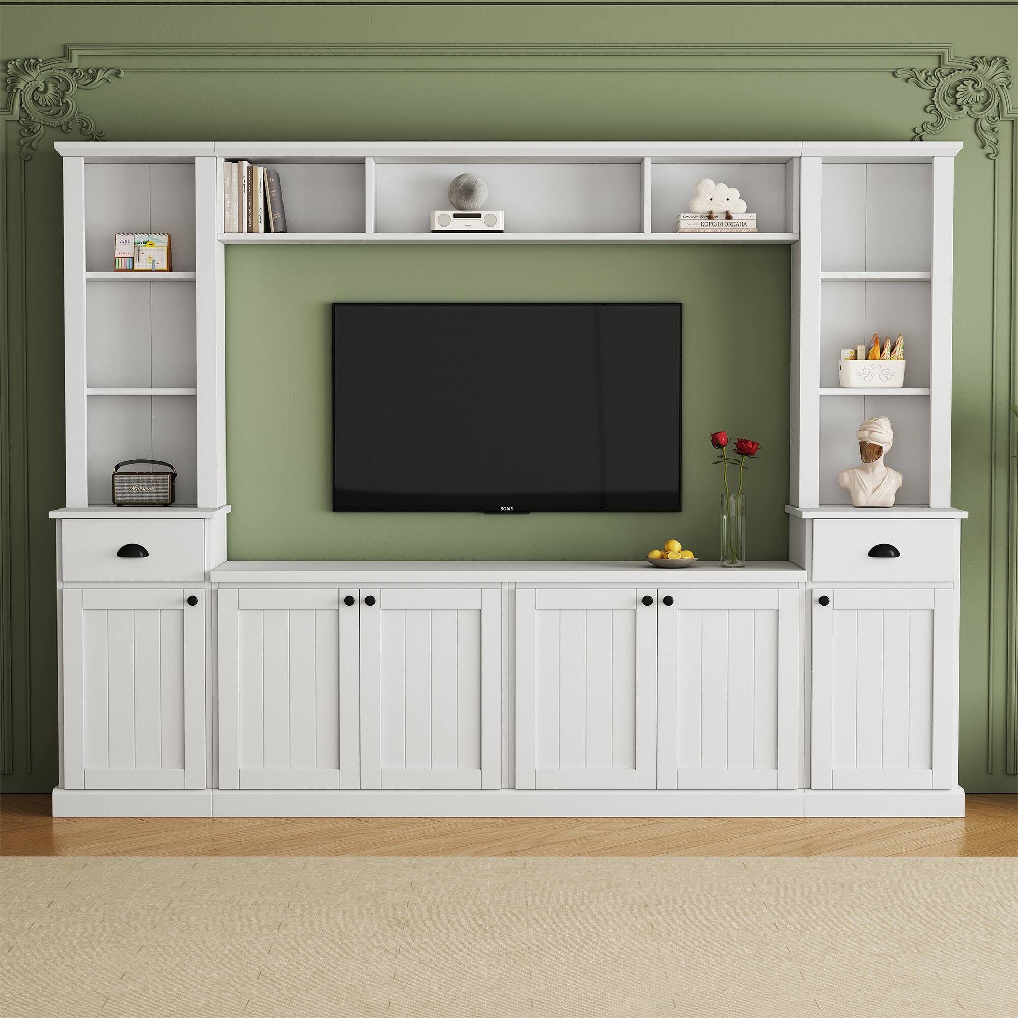 Front. CheryLife - 103 in.White Modern Entertainment Center Wall Unit with Bridge for TVs Up to 75'' - White.