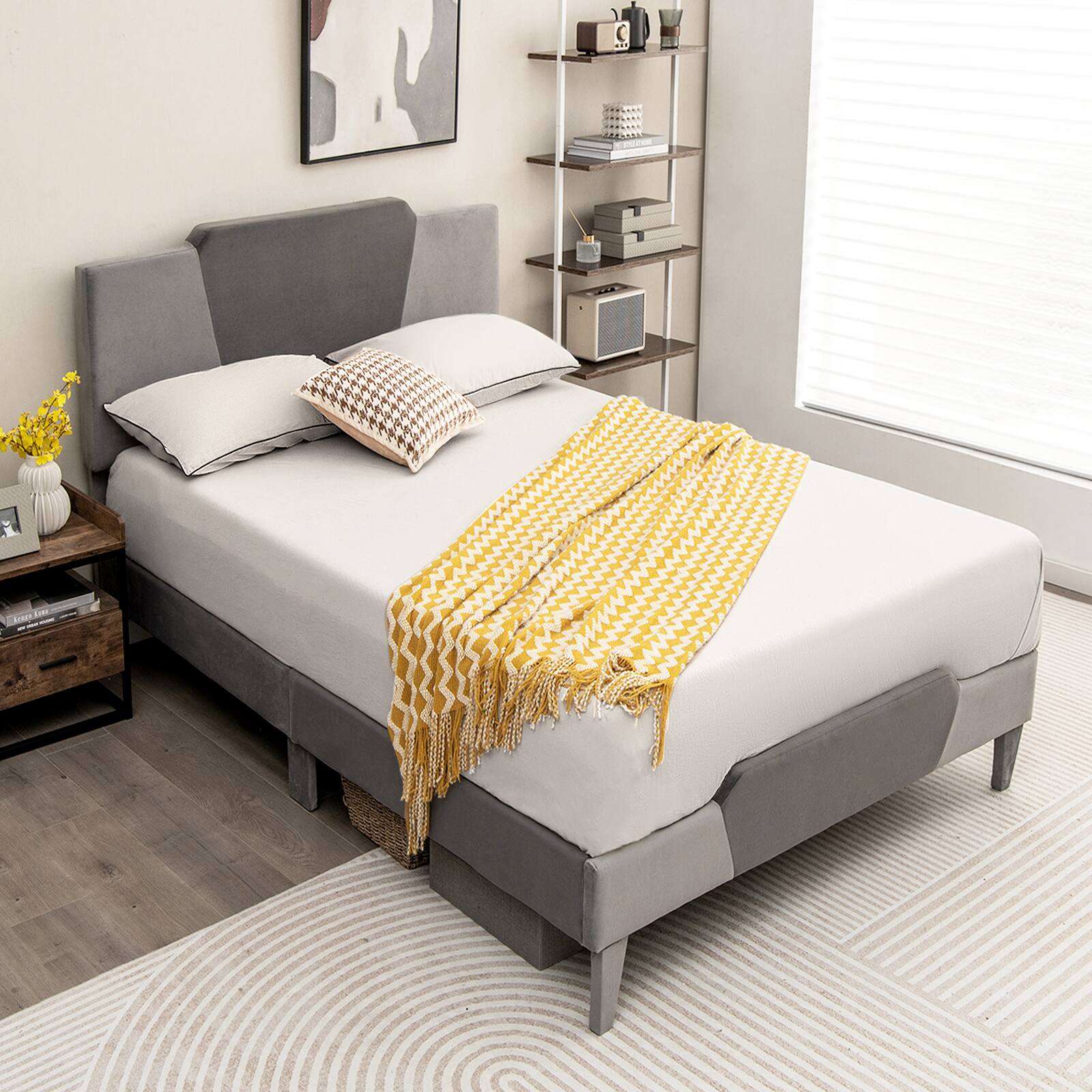Alt View 1. Ecooso - Full Velvet Upholstered Bed Frame with High Headboard - Gray.