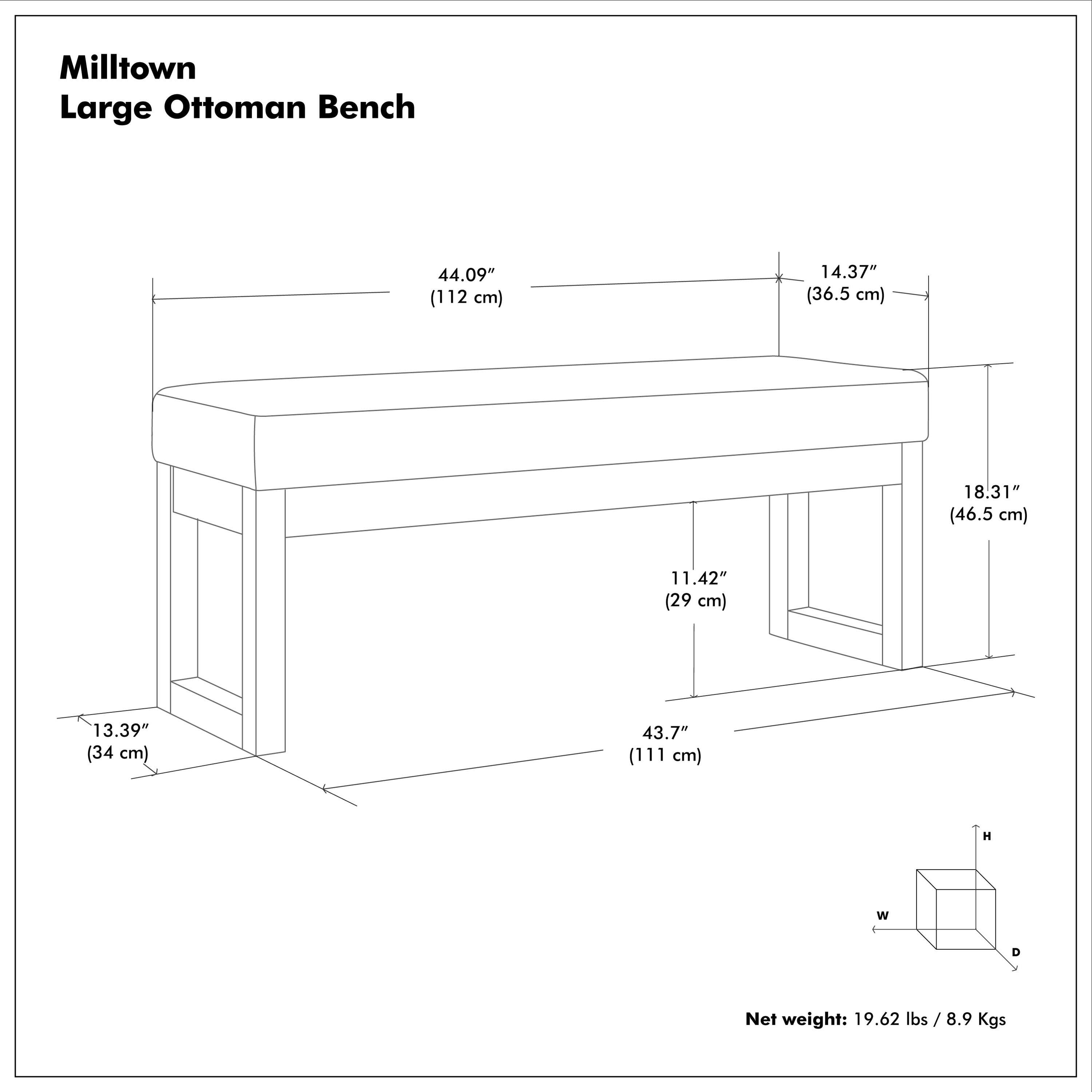 Milltown Large Ottoman Bench

- Height (H): 14.37" (36.5 cm)
- Width (W): 44.09" (112 cm)
- Depth (D): 18.31" (46.5 cm)
- Net weight: 19.62 lbs / 8.9 Kgs