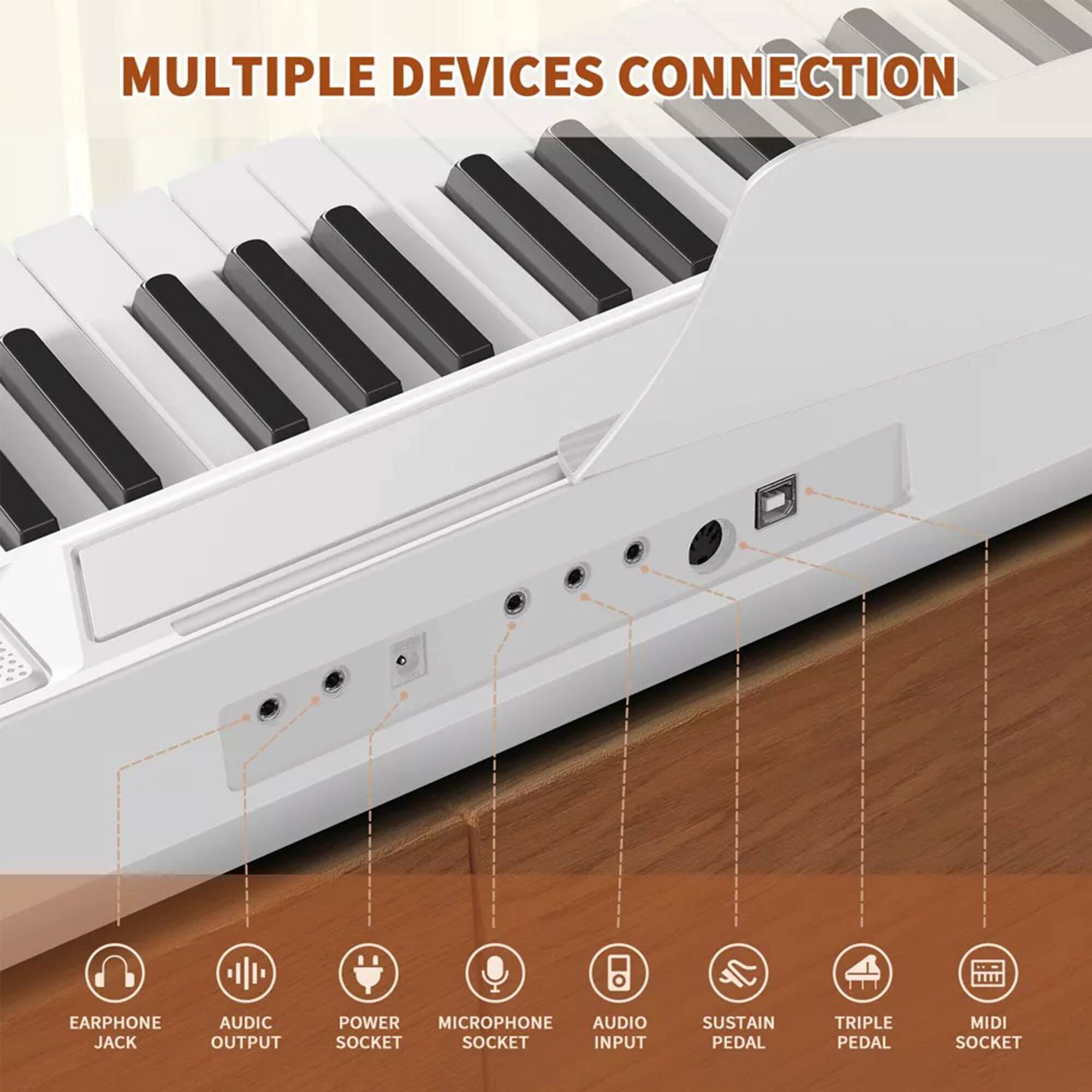 MULTIPLE DEVICES CONNECTION

- EARPHONE JACK
- AUDIO OUTPUT
- POWER SOCKET
- MICROPHONE SOCKET
- AUDIO INPUT
- SUSTAIN PEDAL
- TRIPLE PEDAL
- MIDI SOCKET