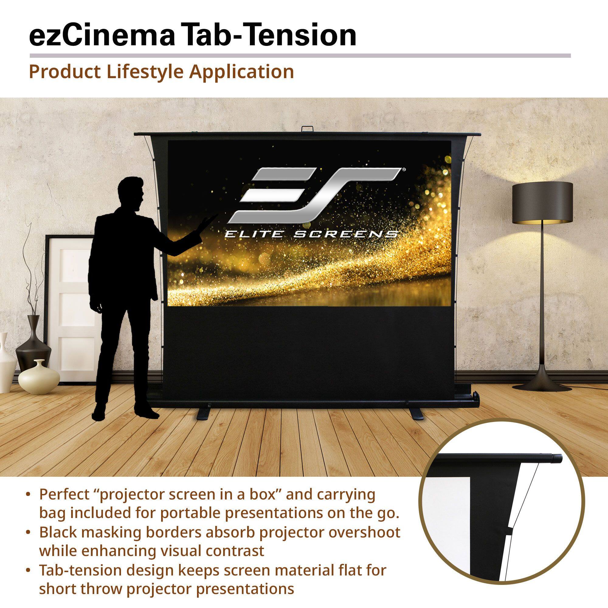 ezCinema Tab-Tension  
Product Lifestyle Application  

Perfect "projector screen in a box" and carrying bag included for portable presentations on the go.  
Black masking borders absorb projector overshoot while enhancing visual contrast.  
Tab-tension design keeps screen material flat for short throw projector presentations.