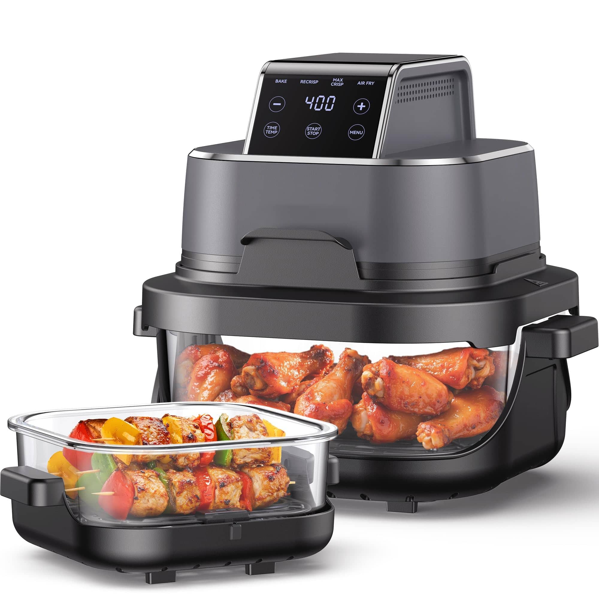 GlowWise - 4-in-1 Portable Glass Air Fryer with Max Crisp Tech, Dual Glass Containers & Lids, 140-400°F, Dishwasher Safe - Gray