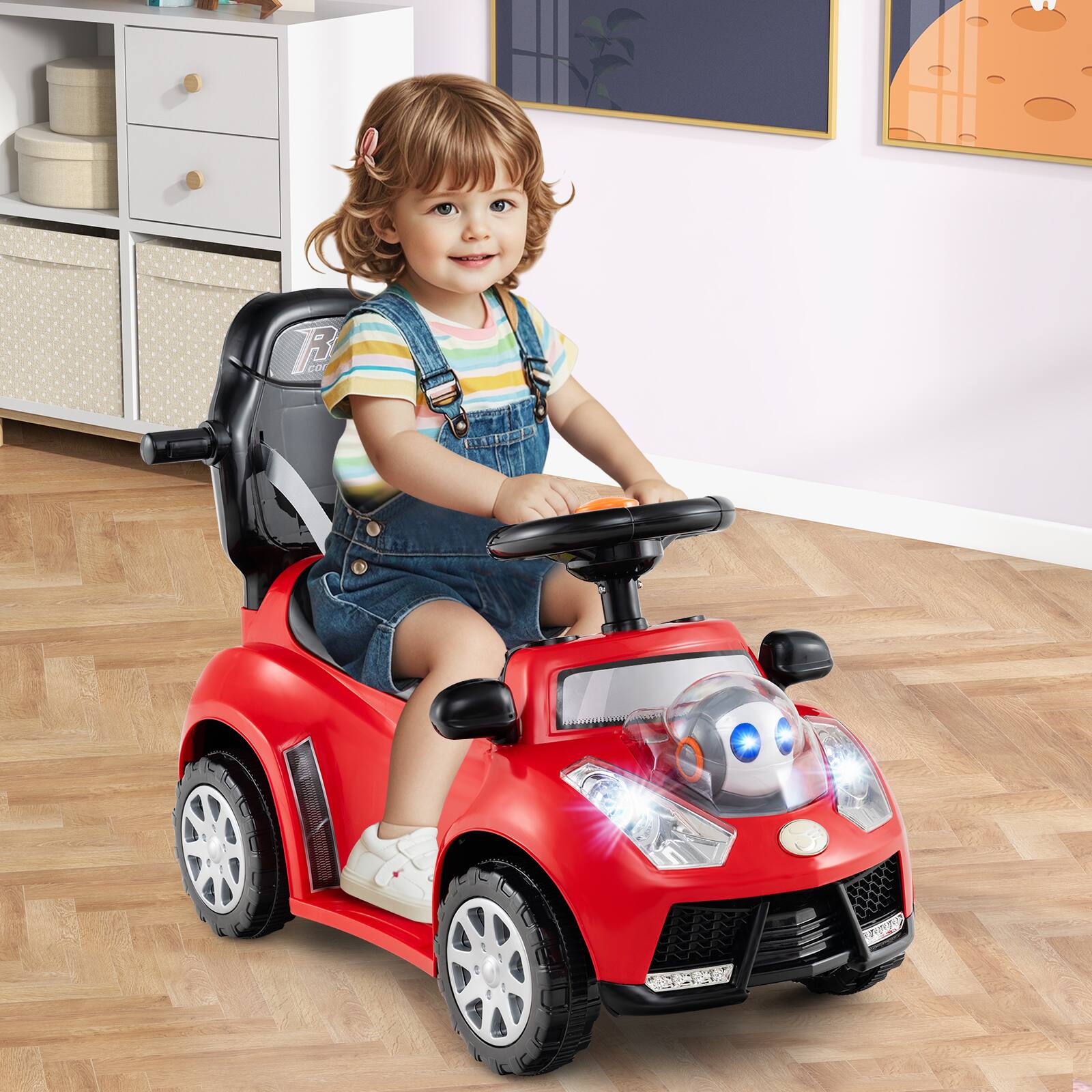 Alt View 1. Costway - Costway 3-in-1 Sliding Walker w/ Adjustable Canopy Horn Music & Light for Boys & Girls - Red.