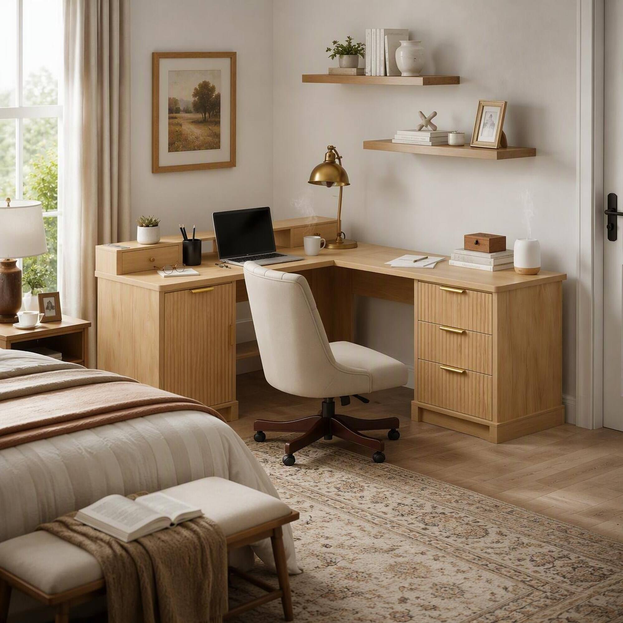 Left. RYHNUYNE - 59.45 in L-Shaped Desk with Charging Station, Fluted Oak Finish, Storage Cabinet and Monitor Stand, Home Office Corner - Light Oak.