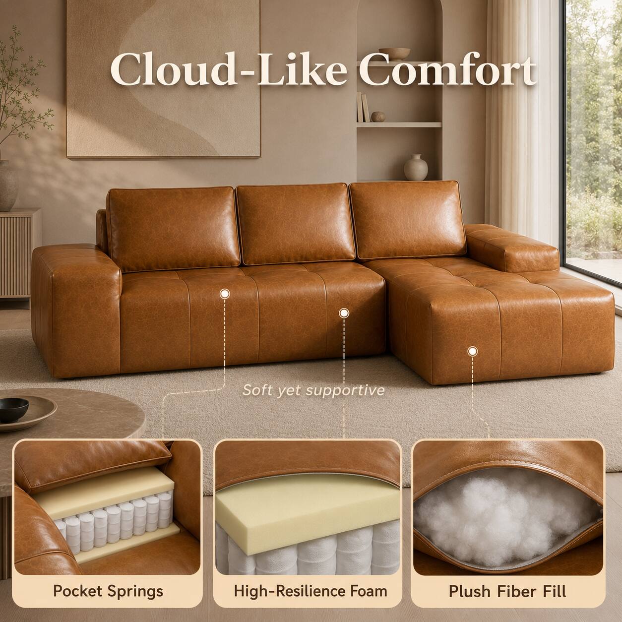 Cloud-Like Comfort  
Soft yet supportive  
Pocket Springs  
High-Resilience Foam  
Plush Fiber Fill