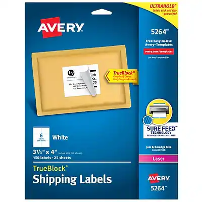ULTRAHOLD*
Lobels stick end stay guaranteed
AVERY
5264
Free Easy-to-Use Avery Templates
avery.com/templates
LV
with SL
TrueBlock
Completey Covers Everything
6 White
3 1/3" x 4"
150 labels - 25 sheets
TrueBlock
Shipping Labels
SURE FEED
Technology
Jam & Smudge Free
Laser
AVERY
5264