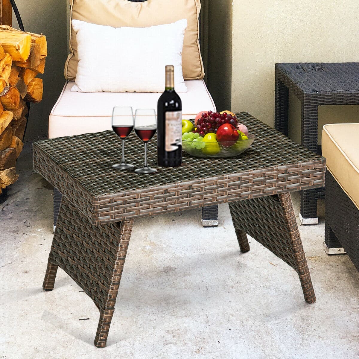 Costway - Patio Folding Wicker Side Coffee Table Poolside Garden Lawn Bistro Furniture - Mix Brown