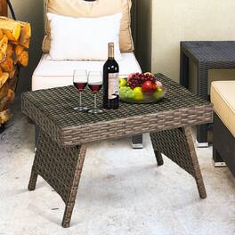 Costway - Patio Folding Wicker Side Coffee Table Poolside Garden Lawn Bistro Furniture - Mix Brown
