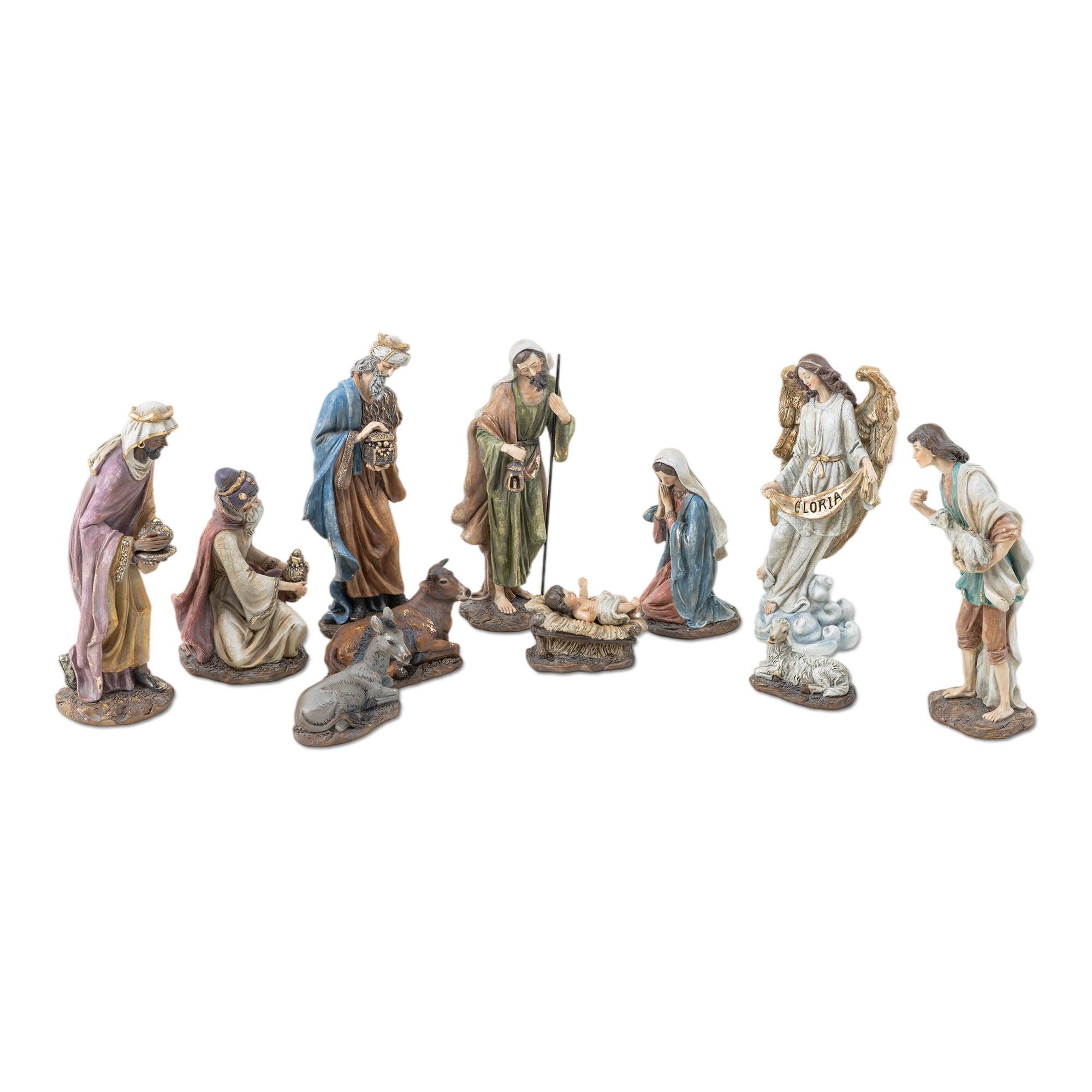 Angle. Glitzhome - 11pcs Fresco Textured Resin Nativity Figurine Set - Multi-Colored.