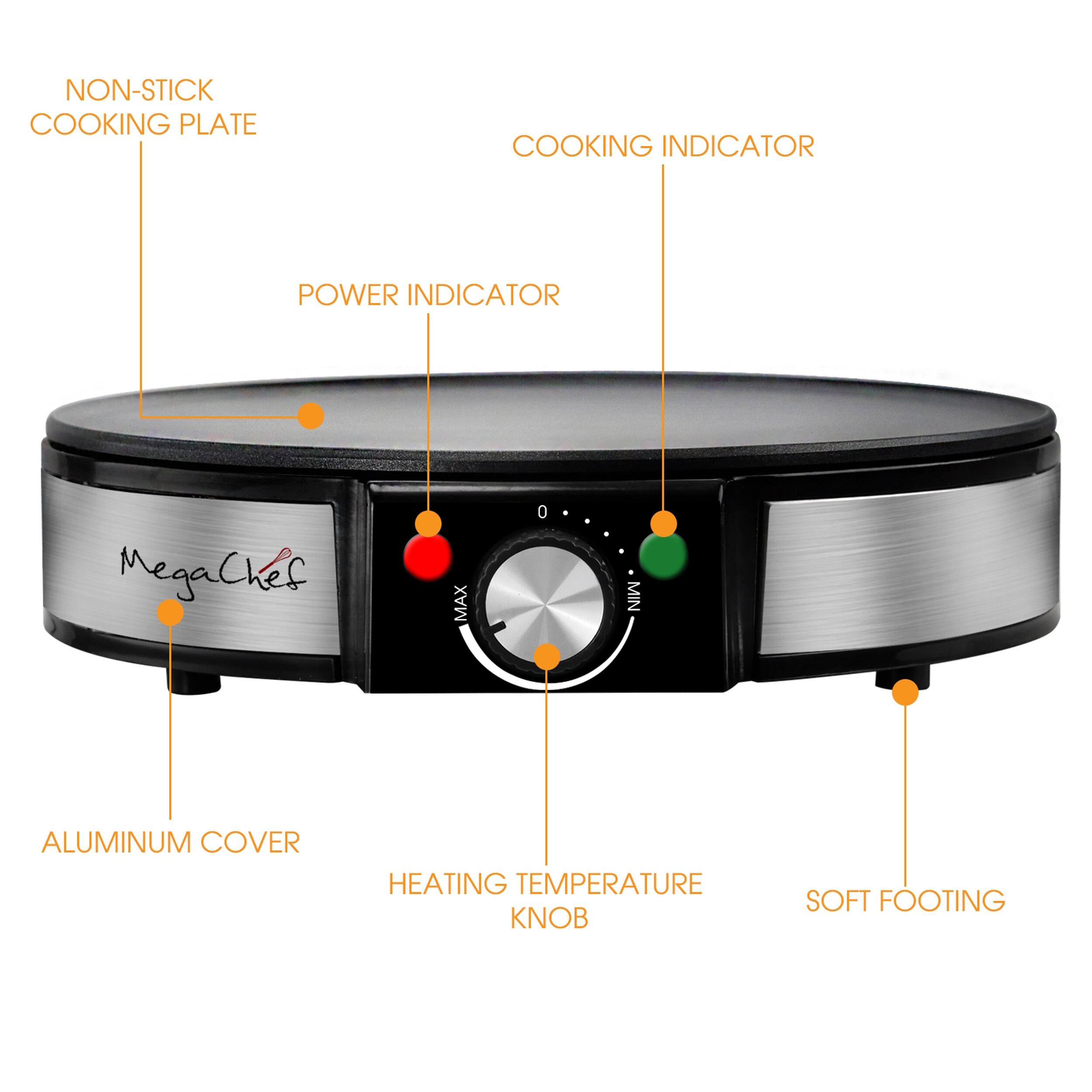 MegaChef, Non-stick cooking plate, Cooking indicator, Power indicator, Aluminum cover, Heating temperature knob, Soft footing