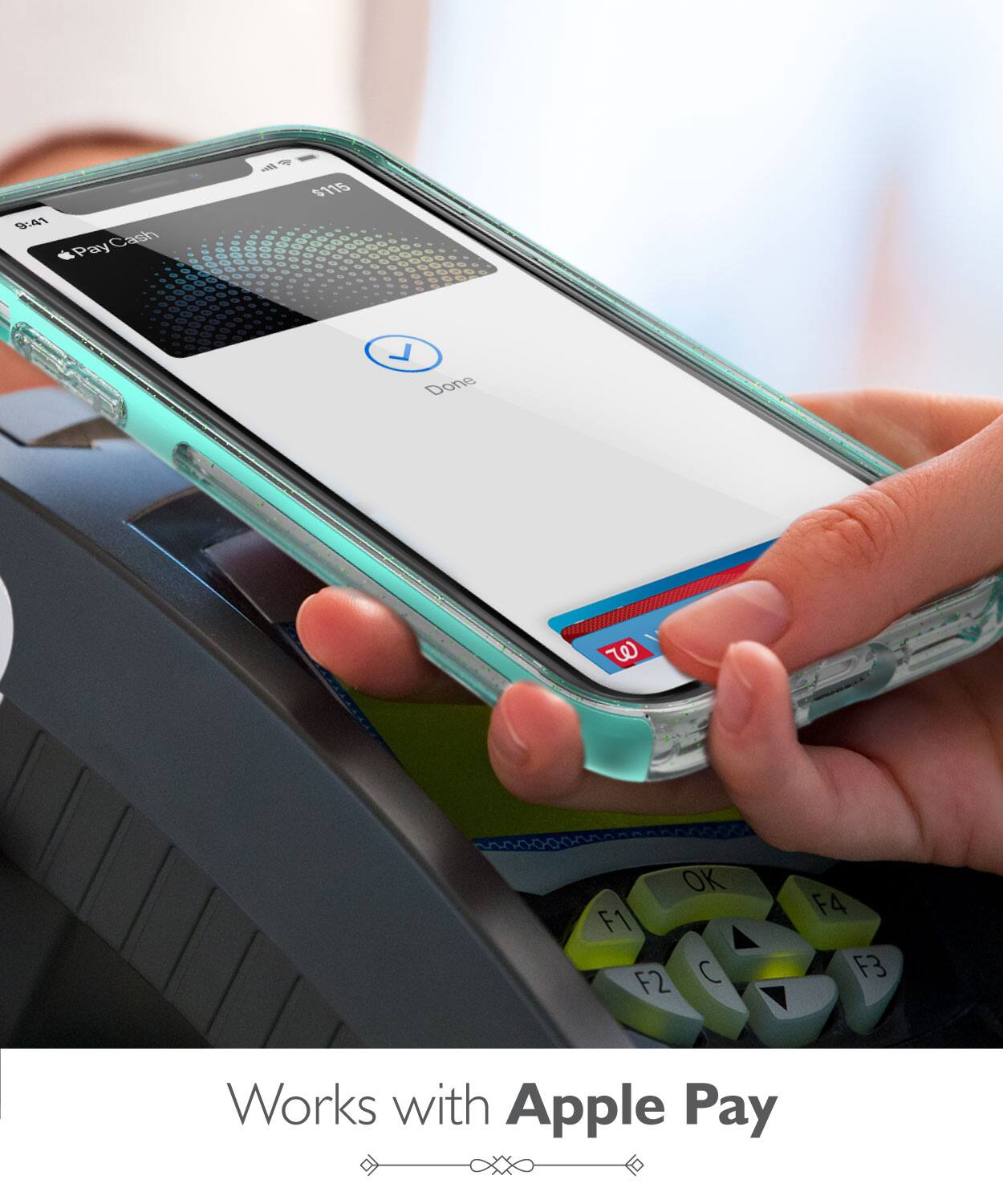 9:41 Pay Cash - d $115  Done W OK F1 F2 C F4 F3 Works with Apple Pay