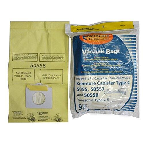 MUST FOR ALLERGY  
nviroCare TECHNOLOGIES  
Micro Filtration Vacuum Bags  
Fltration 50558  
Anti-Bacterial Vacuum Sacs d'aspirateur  
Cleaner Bags antibactériens  
Filtración Partículas Microscópicas de los Desvios  
Designed to Fit Conçu Pour:  
Diseñado a Medida:  
Kenmore Canister Type C 5055, 50557 and 50558  
Panasonic Type C-5  
BAGS 9 SACS BOSA