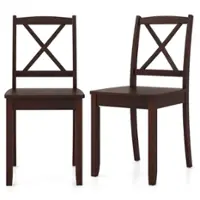 Costway - Dining Chair Set of 2 Kitchen Side Chairs with Rubber Wood Legs & Cross Back - Brown - Front_Zoom