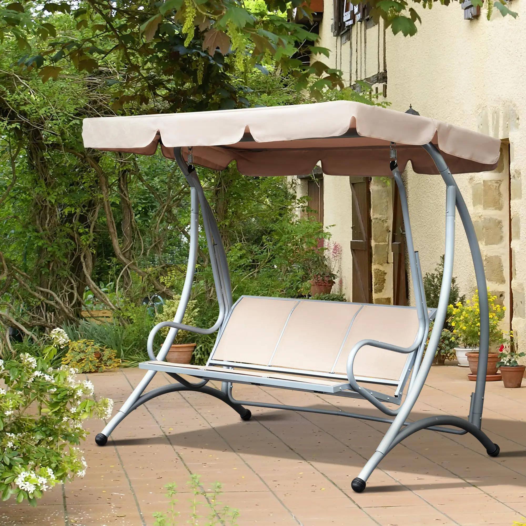 Angle. Resenkos - Resenkos 3-Seat Swing Chair, Patio Glider With Adjustable Canopy, Breathable Seat, Steel Frame, Garden, Beige.