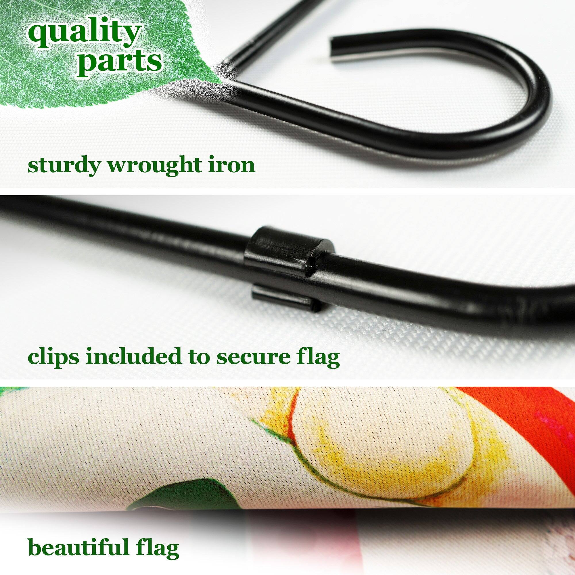 quality parts  
sturdy wrought iron  
clips included to secure flag  
beautiful flag