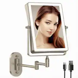 OMOMMD - Rechargeable Wall Mounted Makeup Mirror Double Sided Touch Rectangle Magnifying Color Setting Extended Arm - 10x Nickel