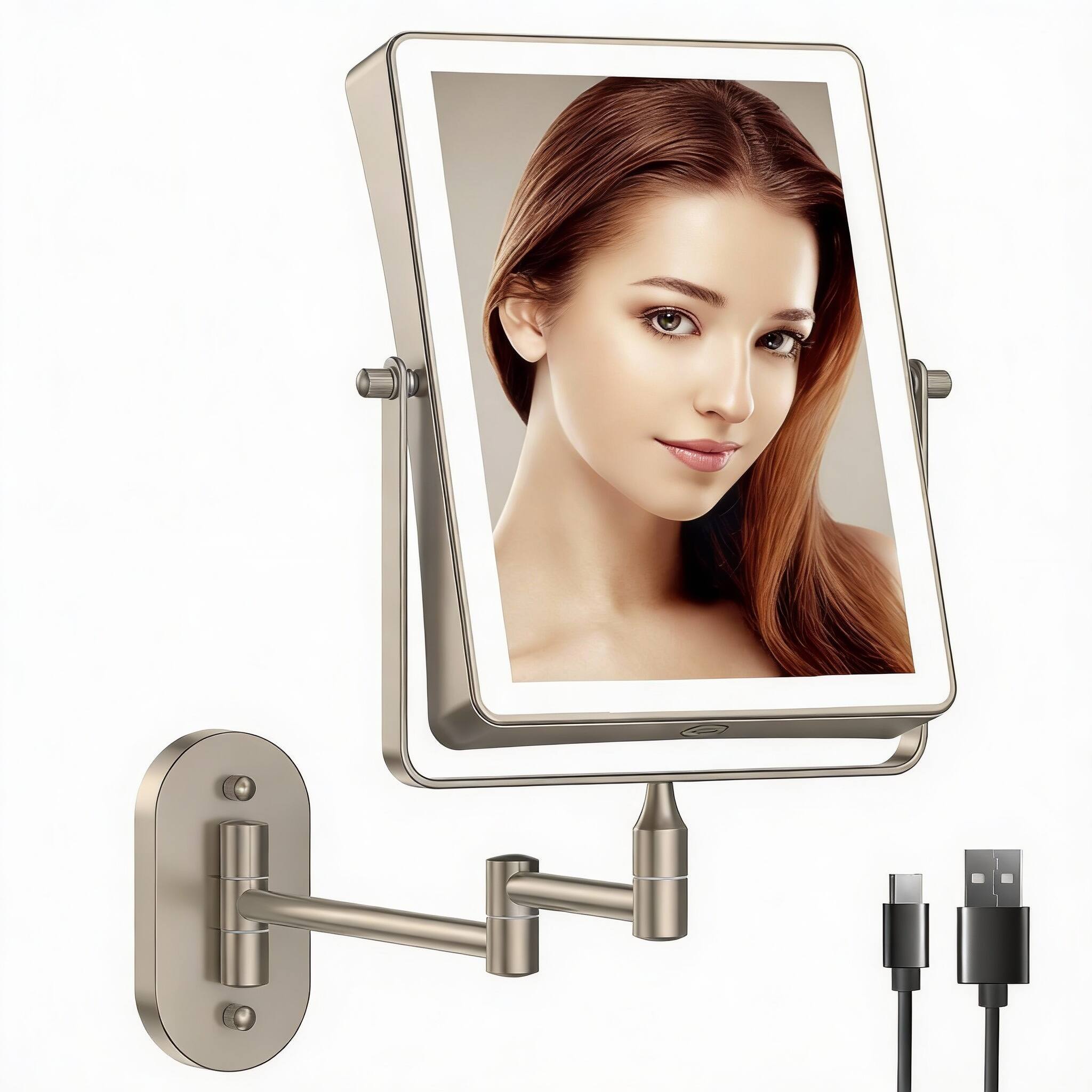 METALTON - Rechargeable Wall Mounted Makeup Mirror Double Sided Touch Rectangle Magnifying Color Setting Extended Arm - 10x Nickel