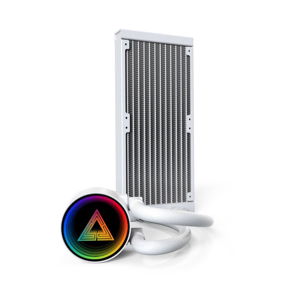 Back. Montech - LightFlow ARGB 240 CPU Liquid Cooler, 240mm AIO with Infinity Mirror Design, 3100RPM Pump, 2x120mm ARGB Fans - White.