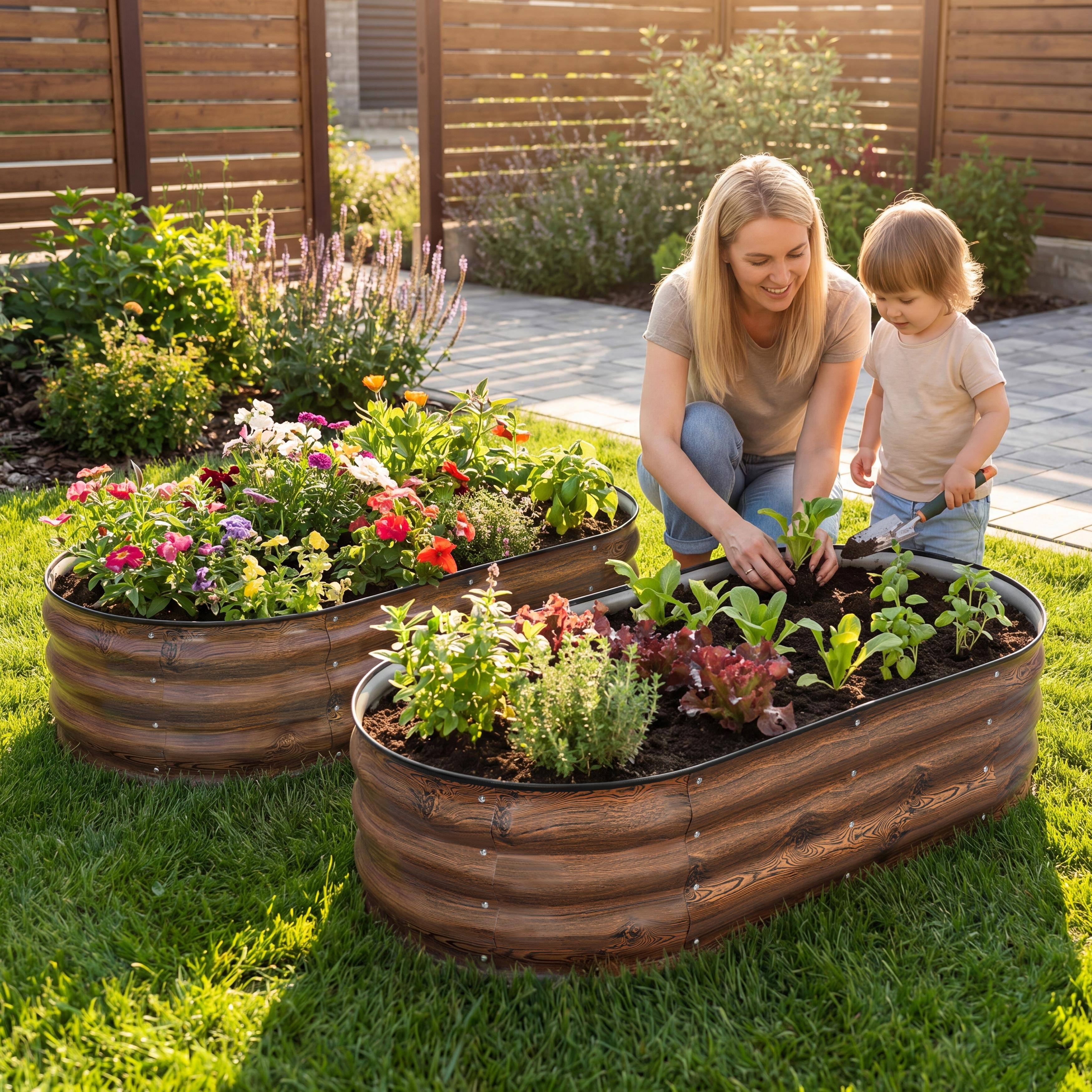 Angle. Nuu Garden - Galvanized 4x2x1ft Planter Garden Box Outdoor, Oval Raised Garden Bed - Brown (2 PCS).