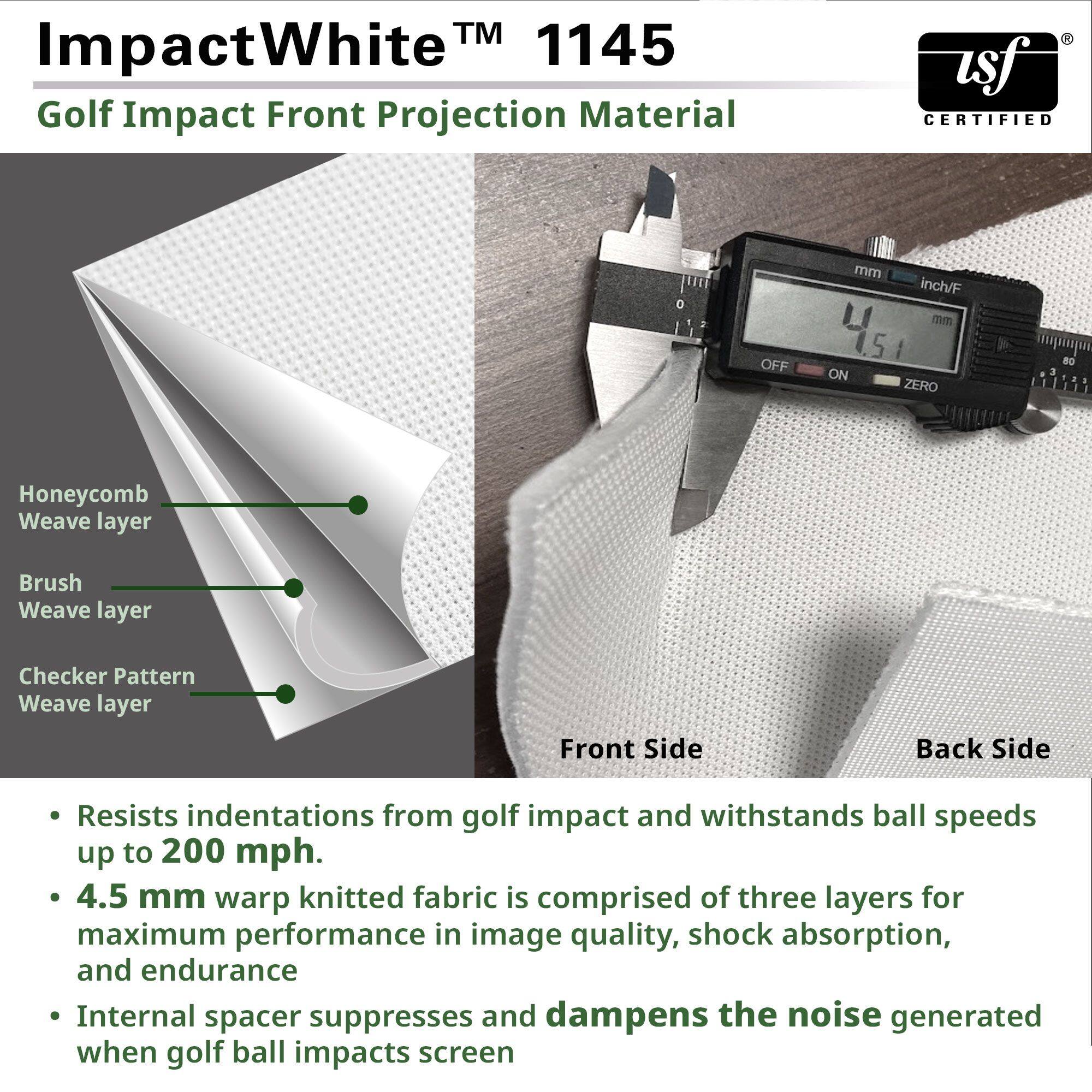 TM 1145 ImpactWhite Golf Impact Front Projection Material isf CERTIFIED 0 OFF mm inch/F mm 5 ON ZERO 80 3 . Honeycomb Weave layer Brush Weave layer Checker Pattern Weave layer Front Side Back Side Resists indentations from golf impact and withstands ball speeds up to 200 mph. 4.5 mm warp knitted fabric is comprised of three layers for maximum performance in image quality, shock absorption, and endurance Internal spacer suppresses and dampens the noise generated when golf ball impacts screen