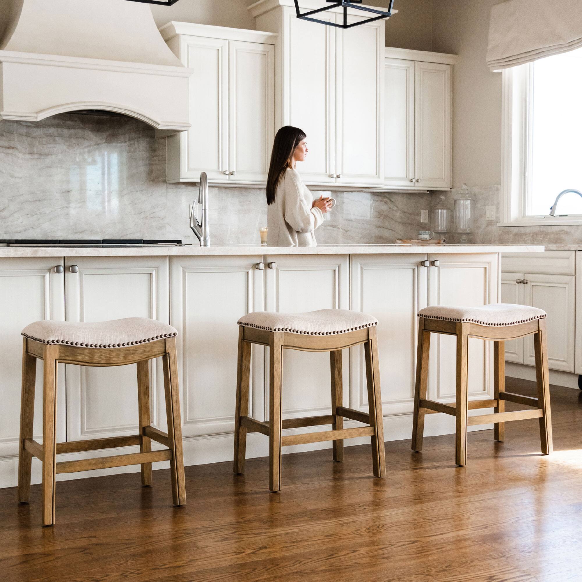 Alt View 4. Maven Lane - Maven Lane Adrien Backless Saddle Kitchen Stool, Natural Wood Finish, Set of 4 - Natural.